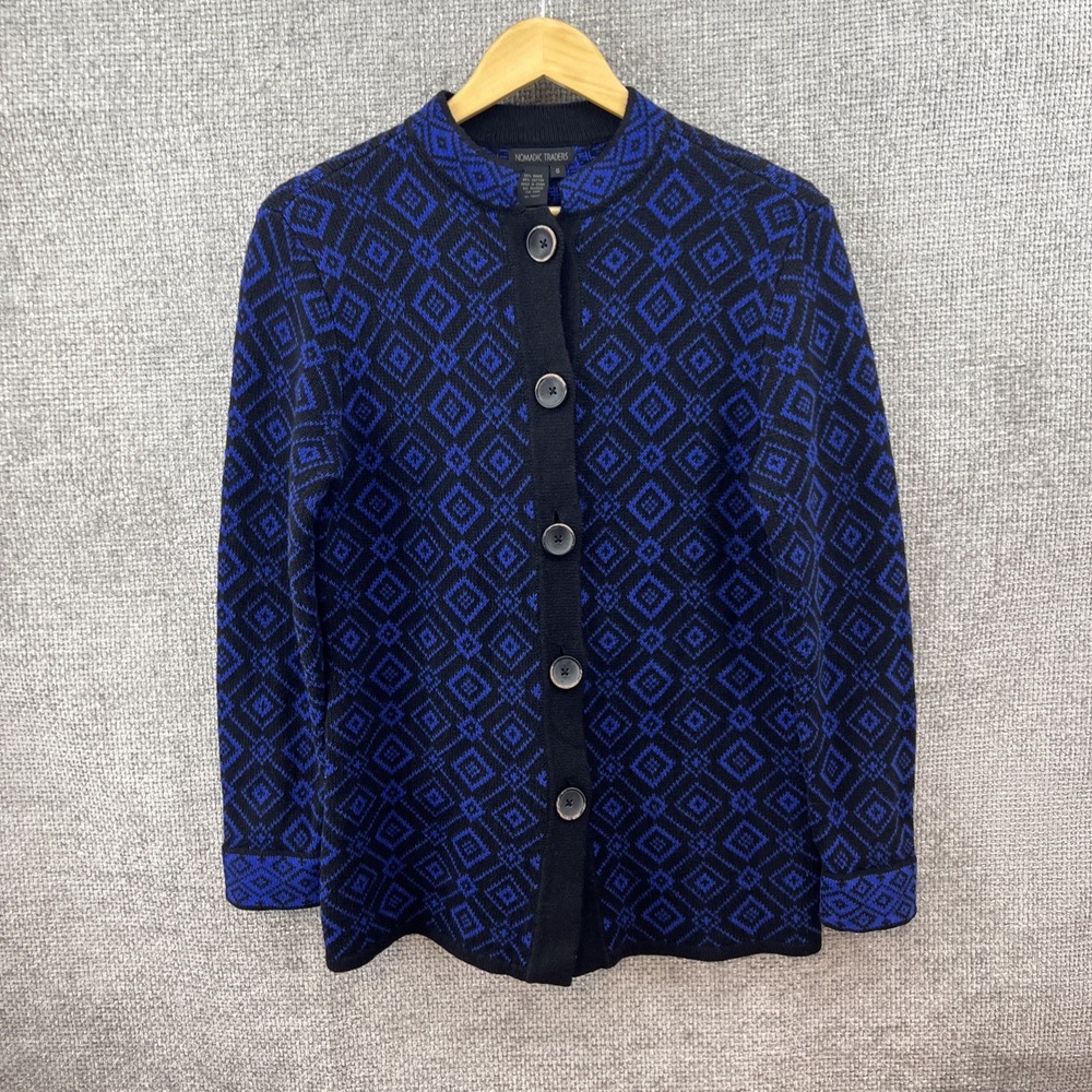 Nomadic Traders Blue Black Knit Button‎ Cotton Blend Sweater Women's Small